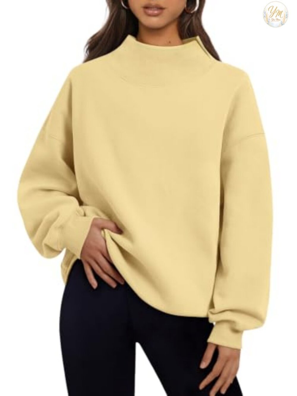 Women's Mock Neck Oversized Fleece Pullover Sweatshirt Asymmetric Slit